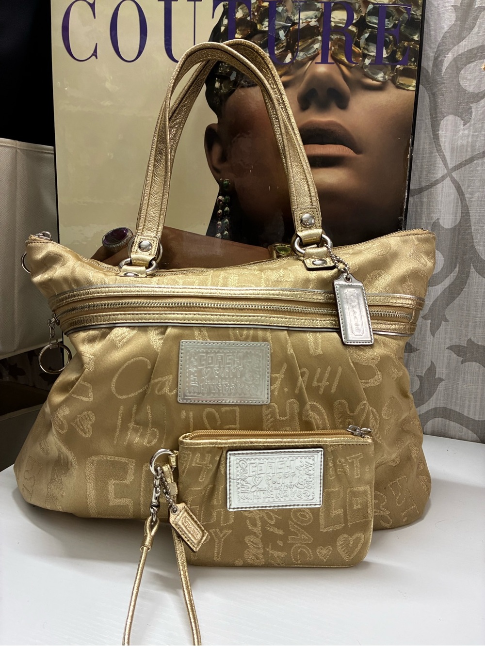 Coach Poppy script tote back with wristlet